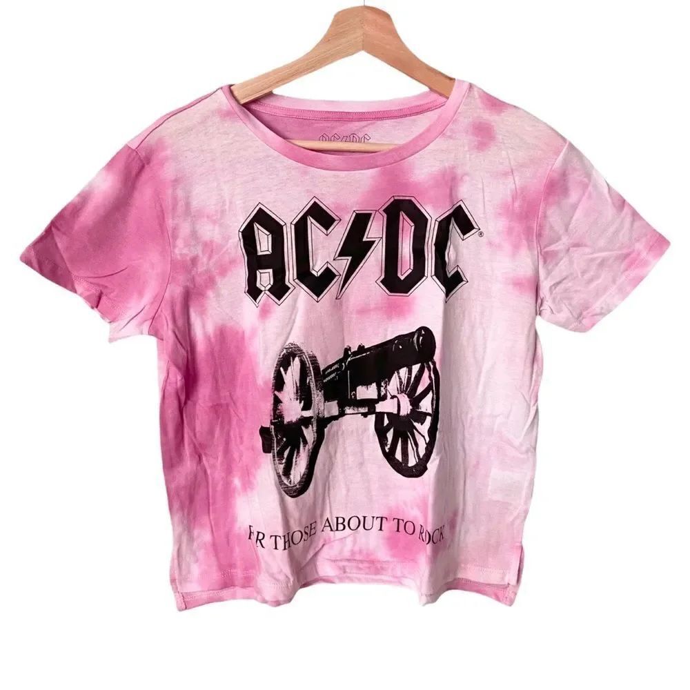 AC/DC Pink Tie Dye Crop Top For Those About To Rock" Band Tee Size Medium (7-9)